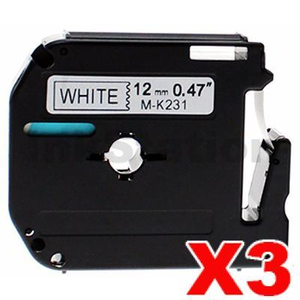 3 x Compatible Brother M-K231 12mm Black Text on White Tape - 8 meters