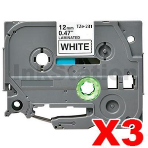 3 x Compatible Brother TZe-231 12mm Black Text on White Laminated Tape - 8 meters