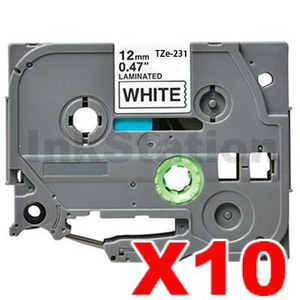 10 x Compatible Brother TZe-231 12mm Black Text on White Laminated Tape - 8 meters