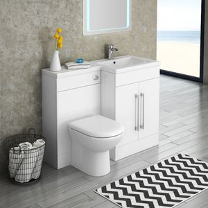 Valencia 1100mm White Gloss Bathroom Combination Suite - Basin, Vanity Unit &amp; Round BTW Toilet Right Hand