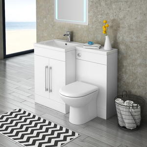 Valencia 1100mm White Gloss Bathroom Combination Suite - Basin, Vanity Unit &amp; Round BTW Toilet Left Hand