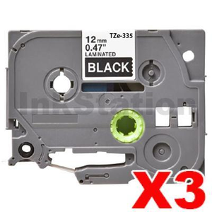 3 x Compatible Brother TZe-335 12mm White Text on Black Laminated Tape - 8 meters