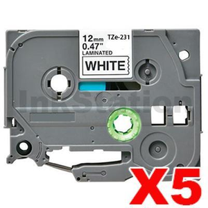 5 x Compatible Brother TZe-231 12mm Black Text on White Laminated Tape - 8 meters