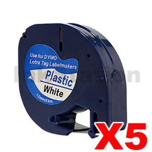 5 x Dymo SD91201 / 91331 Compatible 12mm x 4m Black on White LetraTag Label Plastic Tape