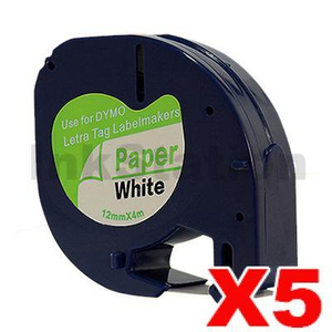 5 x Dymo SD91200 Compatible 12mm x 4m Black on White LetraTag Label Paper Tape