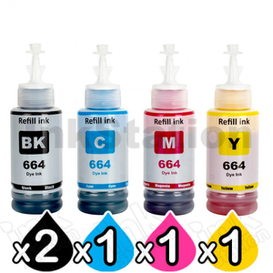5-Pack Compatible for Epson T664 EcoTank Ink Bottles [2BK+1C+1M+1Y]