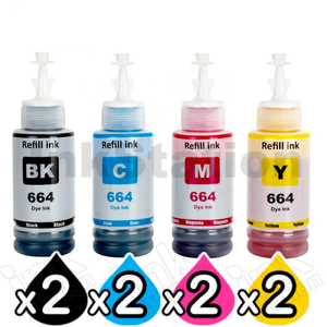 8-Pack Compatible for Epson T664 EcoTank Ink Bottles [2BK+2C+2M+2Y]