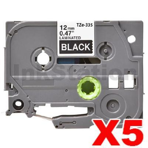 5 x Compatible Brother TZe-335 12mm White Text on Black Laminated Tape - 8 meters