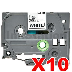 10 x Compatible Brother TZe-221 9mm Black Text on White Laminated Tape - 8 meters