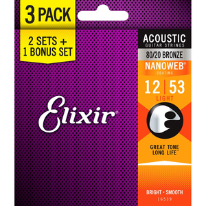 Elixir Acoustic 80/20 Bronze w/ Nanoweb Coating 3-Pack - Light (12-53)