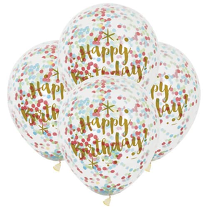 Clear Gold Happy Birthday Biodegradable Latex Balloons With Multi Colour Confetti 30cm / 12 in - Pack of 6