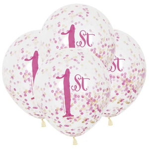 1st Birthday Biodegradable Clear Latex Balloons with Pink Confetti Inside 30cm / 12 in - Pack of 6