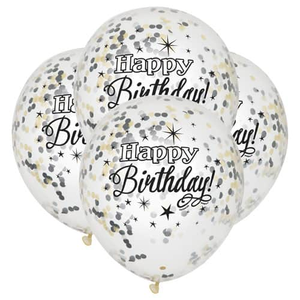 Happy Birthday Biodegradable Clear Latex Balloons with Black and Gold Confetti Inside 30cm / 12 in - Pack of 6