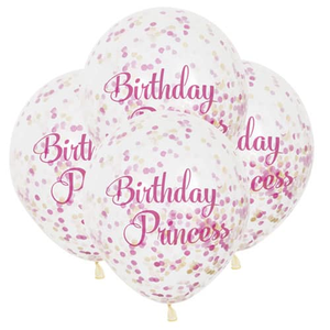Birthday Princess Biodegradable Clear Latex Balloons with Confetti Inside 30cm / 12 in - Pack of 6