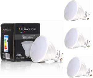 AURAGLOW Super Bright 5.3w LED GU10 Light Bulb, Daylight Cool White 6500k - RETROFIT - 550 lumen - 70w EQV - Four Pack