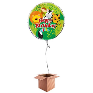 Animal Jungle Happy Birthday Round Foil Balloon - Inflated Balloon in a Box