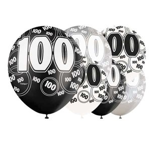 Assorted Black Glitz 100th Birthday Biodegradable Latex Balloons 30cm / 12 in - Pack of 6