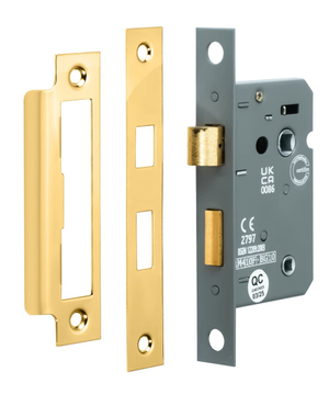 Bathroom Door Mortice Lock - UKCA/CE Certified - Fire Tested - 64mm - Polished Brass - Security Solutions