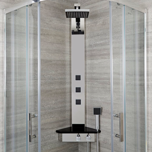 Milano Astley - Modern Corner Thermostatic Shower Tower Panel with Large Shower Head, Hand Shower, Body Jets and Shelf - Chrome and Black