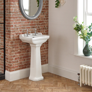 Milano Richmond - White Traditional Square Cloakroom Basin with Full Pedestal - 500mm x 350mm (2 Tap-Holes)