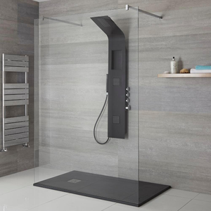 Milano Orton - Modern Exposed Shower Tower Panel with Shelf, Large Shower Head, Hand Shower and Body Jets - Black