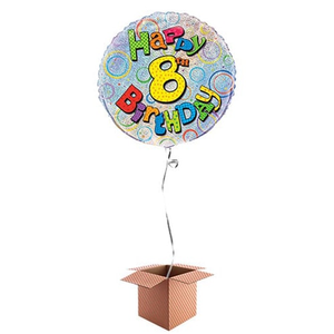 Happy 8th Birthday Holographic Round Foil Balloon - Inflated Balloon in a Box