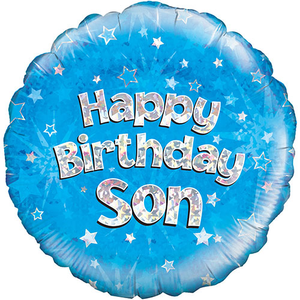 Happy Birthday Son Blue Holographic Round Foil Helium Balloon 46cm / 18 in