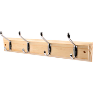 4 Chrome Hat & Coat Hooks - Ridged Pine Wooden Board - Decorails