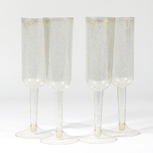 Gold Glitter Plastic Champagne Glasses - Pack of 4