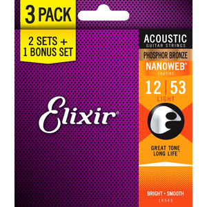 Elixir Acoustic Phosphor Bronze w/ Nanoweb Coating 3-Pack - Light (12-53)