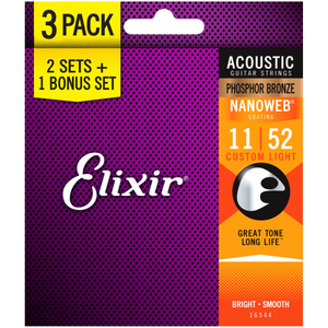Elixir Acoustic Phosphor Bronze w/ Nanoweb Coating 3-Pack - Custom Light (11-52)