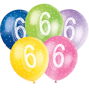 Age 6 Assorted Biodegradable Latex Balloons 30cm / 12 in - Pack of 5