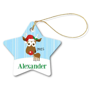 Blue Reindeer Star Porcelain Ornament
