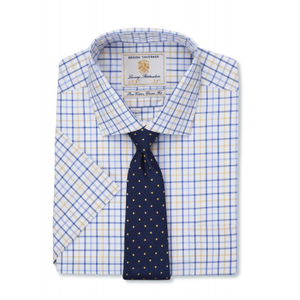 Long And Short Sleeve Navy, Blue And Yellow Neat Check Shirt