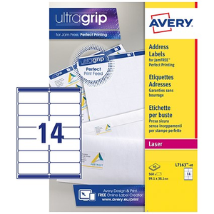 Avery L7163-40 Laser Labels, 14 Per Sheet, 99.1x38.1mm, White, 560 Labels