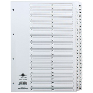 Concord Reinforced Board Index Dividers, 1-50, Clear Tabs, A4, White