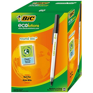 Bic Ecolutions Stic Recycled Ballpoint Pen, Black, Pack of 60