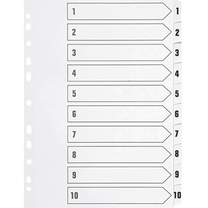 Q-Connect Plastic Index Dividers, 1-10, Clear Tabs, A4, White
