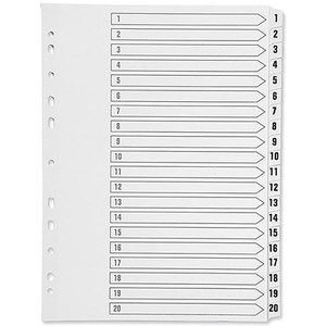 Q-Connect Reinforced Board Index Dividers, 1-20, Clear Tabs, A4, White