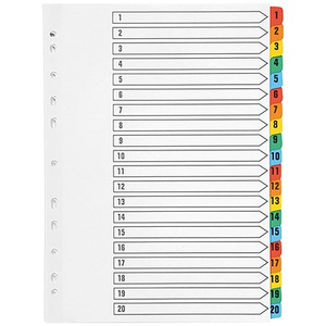 Q-Connect Reinforced Board Index Dividers, 1-20, Multicolour Tabs, A4, White