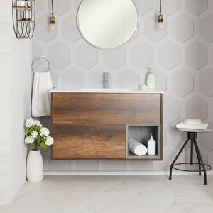 Milano Bexley - Dark Oak 1010mm Wall Hung Open Shelf Vanity Unit with Basin
