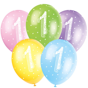 Age 1 Biodegradable Assorted Latex Balloons 30cm / 12 in - Pack of 5