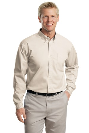 Port Authority S608 Long Sleeve Easy Care Shirt Light Stone/Classic Navy Wholesale Custom Printing & Embroidery