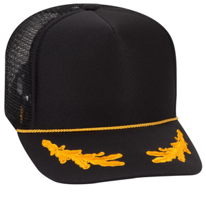 Polyester Foam Front Withoak Leaves On Visor Solid Color Five Panel High Crown Golf Style Mesh Back Cap Blk/Gld Wholesale Custom Printing