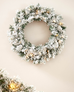 Pre-Lit Snow-Flocked Spruce Wreath, 60 cm