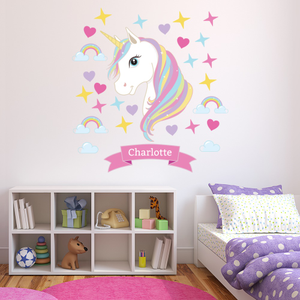 Custom Name Unicorn Rainbows &amp; Hearts Wall Sticker Personalised Kids Room Decal