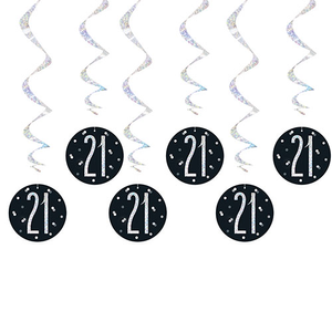 Black Glitz Age 21 Holographic Hanging Swirl Decorations - Pack of 6