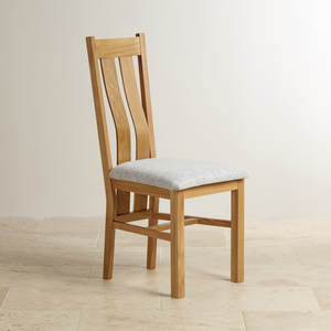 Arched Back Natural Solid Oak Chair with Plain Grey Fabric Seat