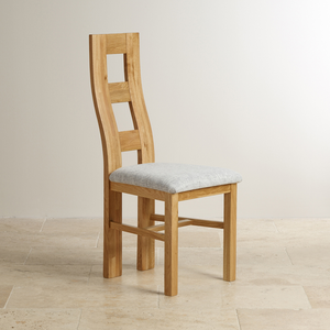 Wave Back Natural Solid Oak Chair with Plain Grey Fabric Seat