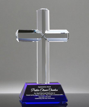 Beveled Cross Crystal Award with Blue Base